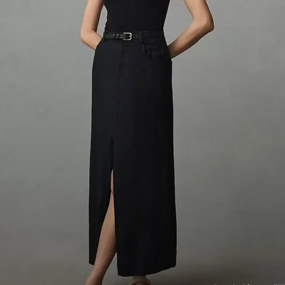 Pilcro x Anthropologie The Madi Front Slit Midi Linen Blend Skirt Black Sz 12 - Picture 1 of 7